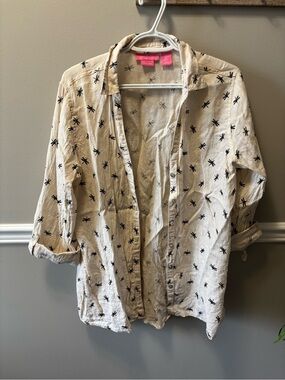 Isaac Mizrahi Cream Button-Up Shirt with Black Dragonfly Print